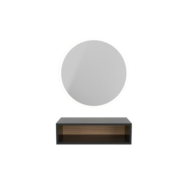 MUDI Traz Round LED Mirror with Black Box Shelf