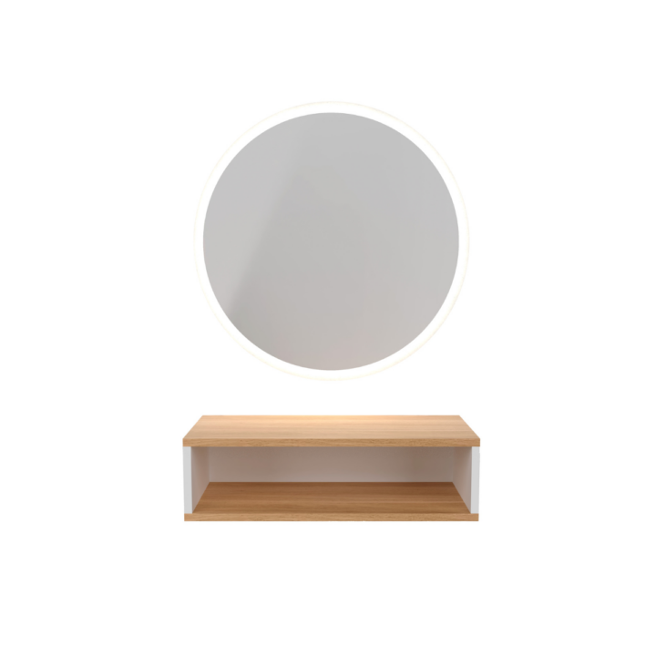 MUDI Tana Round LED Mirror with Box Shelf in Wood Colour